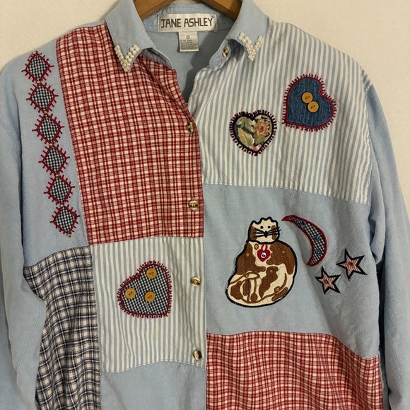 Jane Ashley Shirt Womens Size S Button Up Cat Patchwork Applique Cottage Retro - Picture 2 of 8